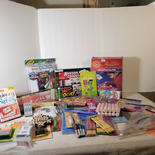 Art Supply Lot Drawing Supplies & Paper Rolls Stamps Stencils Markers Colors Stickers Chalkboard +++
