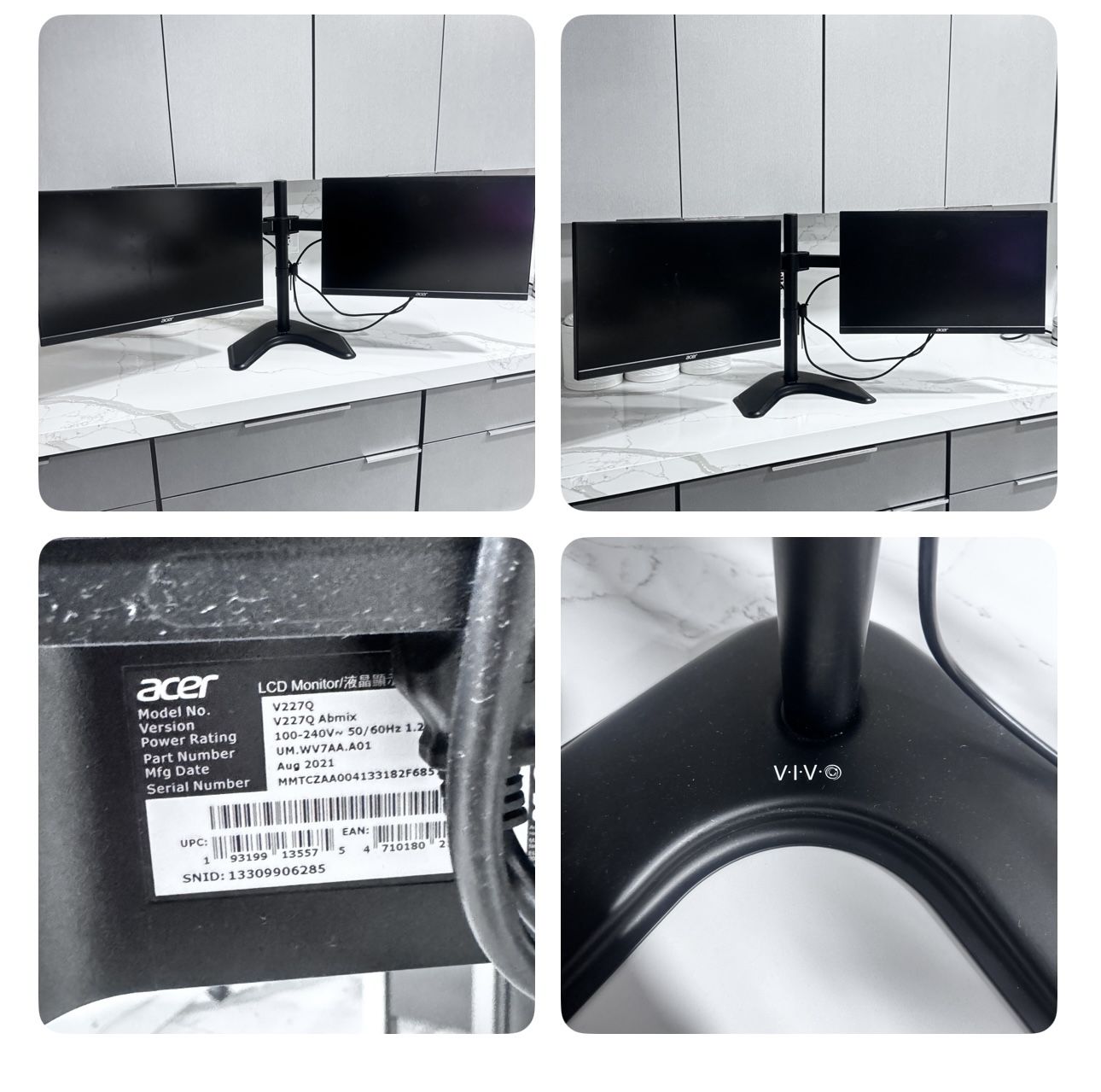 2 Acer V227Q bip 21.5” Full HD (1920 x 1080) IPS Monitors + Dual Monitor Mount 100 Hz
