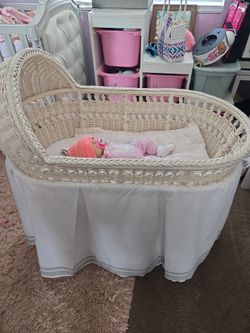 White Wicker Baby Bassinet with Skirt