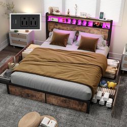 Queen Size Bed Frame with 4 Storage Drawers and Headboard with Charging Station and LED Lights,2 Tier Solid Wood Headboard Storage,Noise Free, No Box 