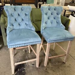 Upholstered Bar Stools Set of 2 with Back and Wood Legs, Metal Pulling Ring, Armless Counter Height Barstools for Kitchen Island, Pub(Sky Blue)