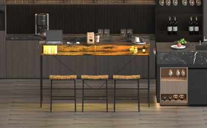 59 inch bar table, dining table, sofa table with power socket and LED light, 3 saddle stools, 4-piece bar table and chairs set for living room, dining