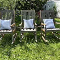 3 Wood Rocking Outside Chairs H43/ W 23/D25 /D bottom 34  Seat H17 with pillows $115 For all 3 