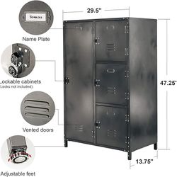 4 Door Steel Storage Wardrobe Locker with Dark Weathered Finish, Vintage, Industrial, for Clothing, Home, Office, School, Dorm, Teen, Shop, Vented, Lo