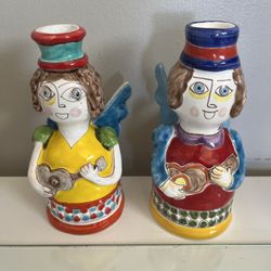 Desimone Italian Angel Candleholders 8” Tall. Handpainted. 