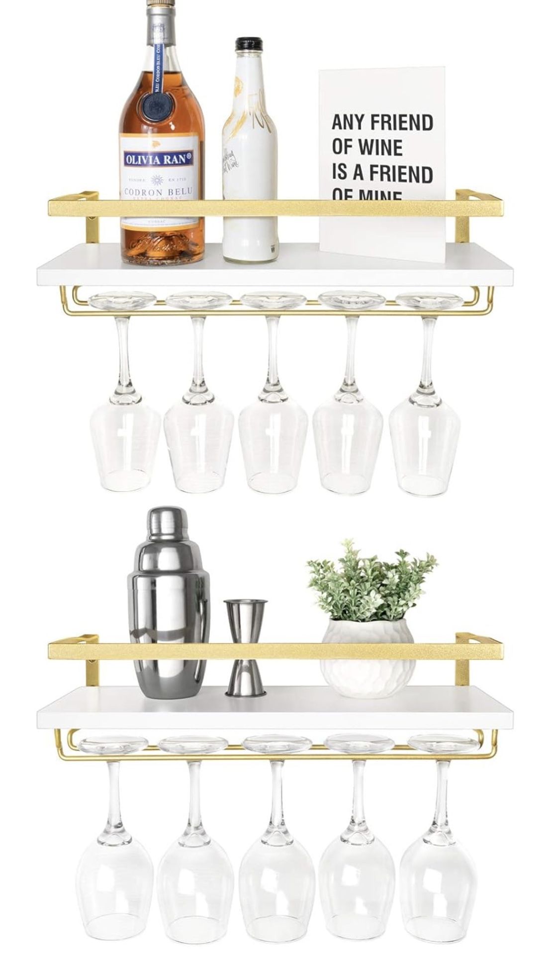 New Wall Mounted Wine Rack Set of 2 White Wood Wine Bottle Glass Holder Floating Shelves with Stemware Hanger Modern Plants Photos Wine Display Storag