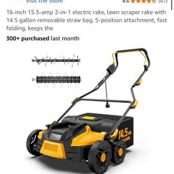 16-inch 15.5-amp 2-in-1 electric rake, lawn scraper rake with 14.5 gallon removable straw bag, 5-position attachment, fast folding, keeps the