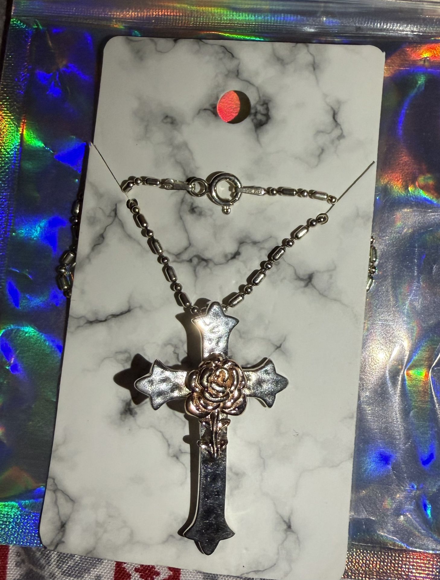 GORGEOUS Brand New Vermeil 14K Rose Gold Flower and Sterling Cross Necklace! 22”