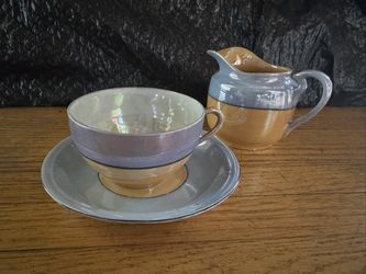 Antique Porcelain Lustreware Tea Cup Saucer & Creamer