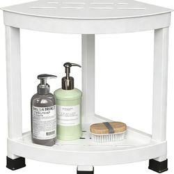 allopFun Corner Shower Stool for Inside Shower, Waterproof Shower Bench for Shaving Legs, Plastic Anti-Fracture Shower Seat/Foot Rest with Baffle Stor