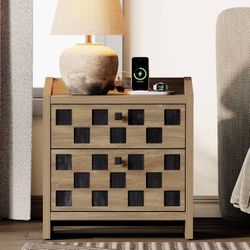 Set Of 2  Checkerboard Patterns Nightstand Extra Wide End Side Table with Charging Station