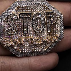 Iced Out ‘STOP’ Sign Pendant – Custom Gold Hip Hop Jewelry