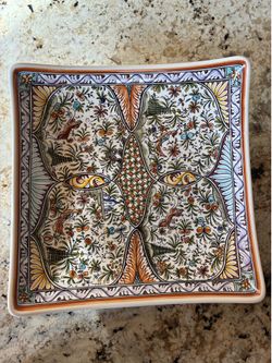 Vintage Ceramicas De Coimbra Portugal Hand Painted Faience Square Platter Tray 13x13”