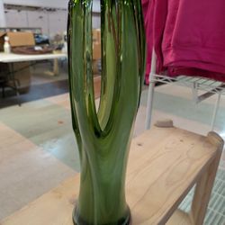 Vintage Mid Century Green Art Glass Sculptural Folded Loop Vase Hand Blown Modern Decor