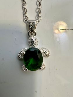 Silver Turtle Pendant Necklace with Green Stone