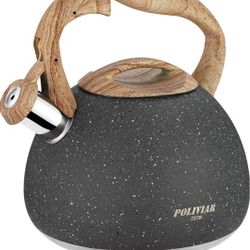 Tea Kettle, 2.7 Quart Natural Stone Finish with Wood Pattern Handle Loud Whistle Food Grade Stainless Steel Teapot, Anti-Hot Handle and Anti-Rust, Sui