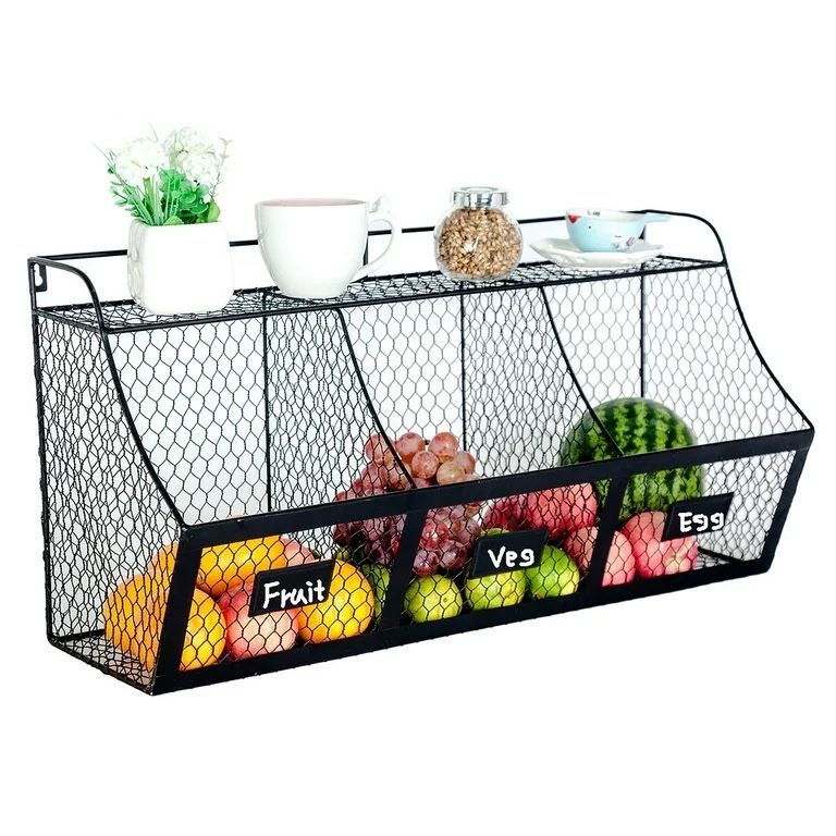 Metal 3 Compartment Wall Mount Storage Basket Large Kitchen Hanging Metal Fruit Baskets Wire Organizer