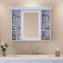 Newly Assembled 35'' x 28'' Blue Wall Mounted Bathroom Storage Cabinet with Mirror Door