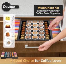 Extra Large Coffee Pod Holder Drawer Expandable Bamboo Coffee and/or Tea Bag Organizer