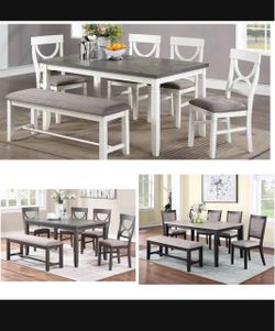 Dining table set with chairs and bench