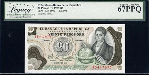 1981 20 Pesos Oro Banco de la Republica Columbia Note Legacy Superb Gem 67PPQ