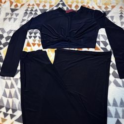 Boohoo Navy Blue Two-Piece Crop Top and High Waist Flare Pants Set