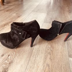 Women's Short Boots, Round Nose Platform, Frosted Flock Napped Leather, Buckle, High Heels