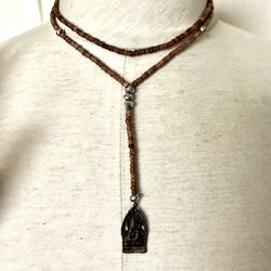 Long Wood Beaded Buddha Pendant Necklace 
