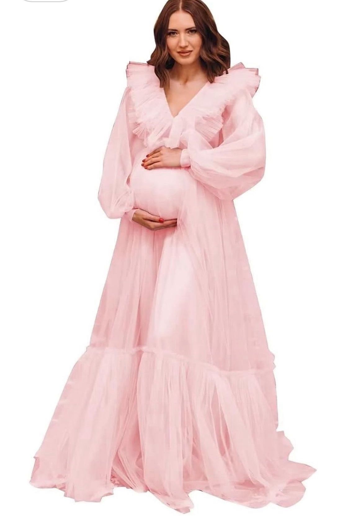 Tulle Ruffles Maternity Dress for Photoshoot Puffy Long Sleeve V Neck Baby Shower Lingerie Pregnancy Robe