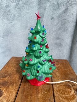 Vintage Lighted Ceramic Christmas Tree 11" Green Tree Red Base Star Topper