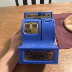 Vintage Uncle Sam's 3 Coin Blue Metal Register Bank