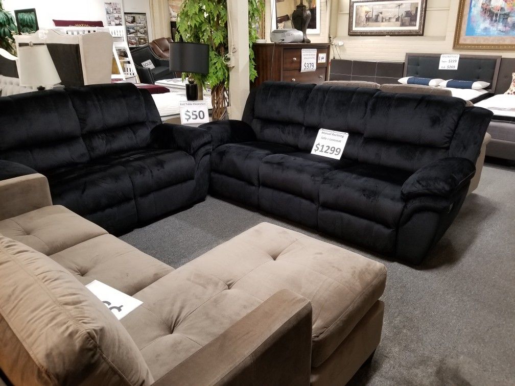 Brand New Black Padded Suede Manual Reclining Sofa + Loveseat 2PCs Set