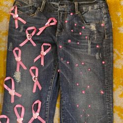 Custom Distressed Jeans with Pink Ribbons and Gems