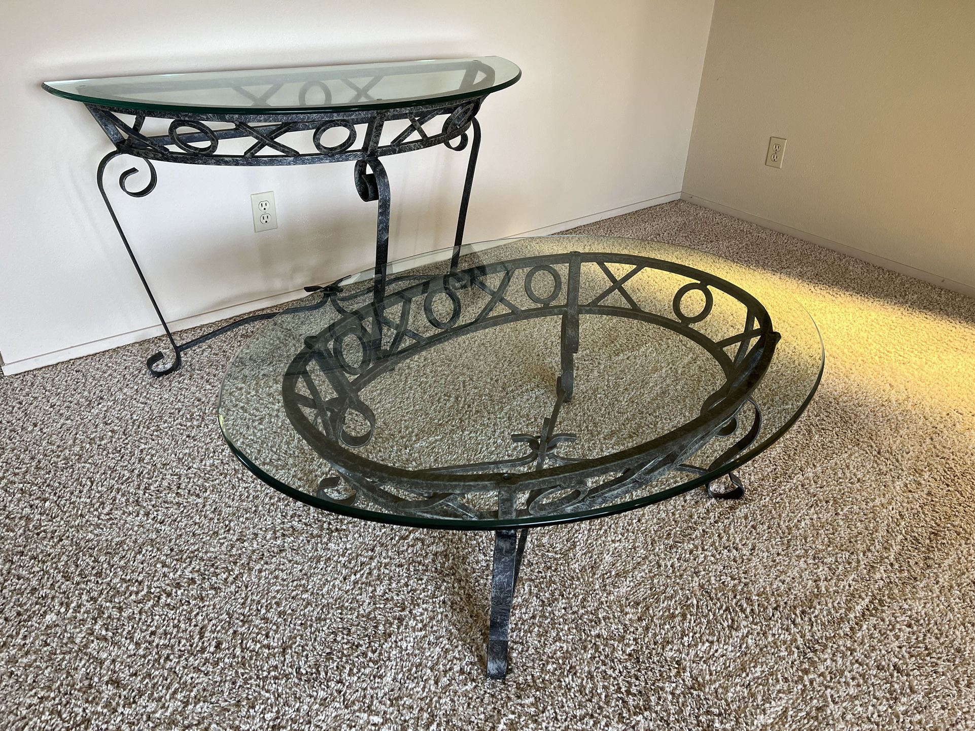 Wrought iron coffe table and half table glass top