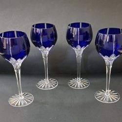 Set 4 Ajka Castille Cobalt Cut to Clear Crystal 24% PbO Wine Goblets Glasses 7.4 oz