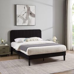 Upholstered Bed, Black Full Bed Platform BedFrame with Adjustable Headboard, Strong Wooden Slats Support Bed Frame