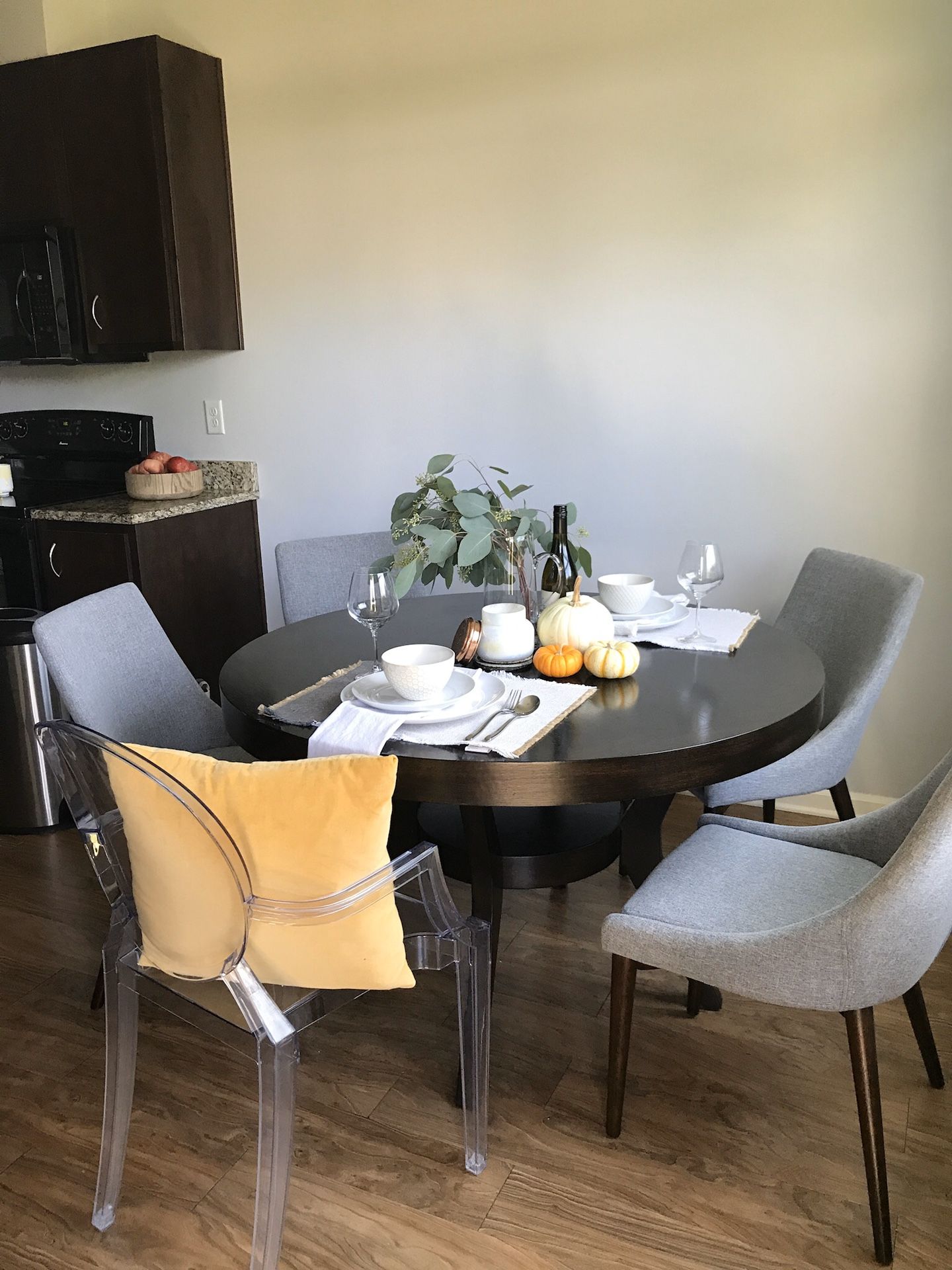 Modern Cherry Dining table and grey chairs