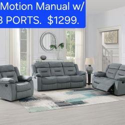 2PCS SOFA AND LOVE SEAT MANUAL RECLINER WITH USB PORT