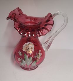 Beautiful Vintage Fenton Cranberry Glass Handpainted Pansies Pitcher Signed