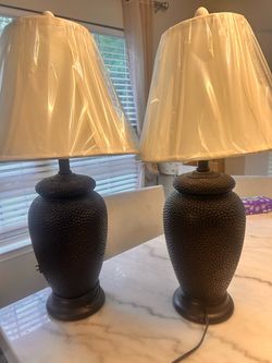 Pair of Bronze Hammered Urn Table Lamps