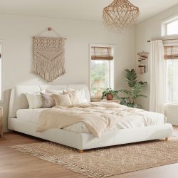 White King Size Platform Bed Upholstered Bed Linen Fabric [NEW]