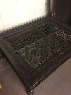 Wooden antique vintage coffee table iron detail