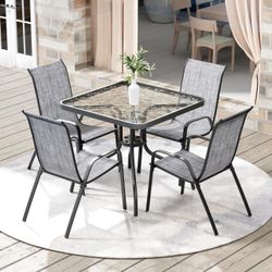 5 Pieces Outdoor Patio Dining Set, Glass Table and Textilene Chair