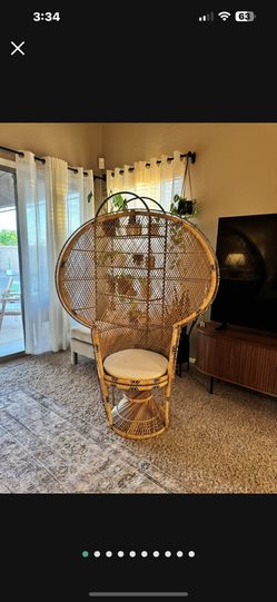  Baby Shower Peacock Fan Chair 65” Tall With Pad Wicker Rattan Chair Photo Event  FOR SALE