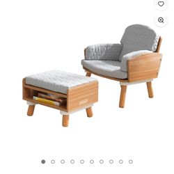 KidKraft Mid-Century kid™ Wooden Reading Chair & Ottoman with Cushions, Gray, Ages 3+