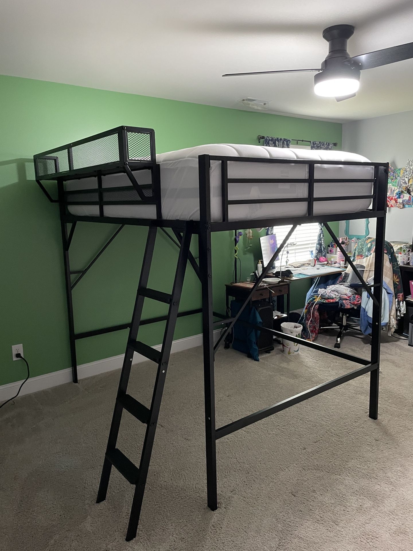 Black Metal Full-size Loft Bed With Ladder, Storage Shelf, And Large Under-bed Space. New and Unused. Partially Assembled