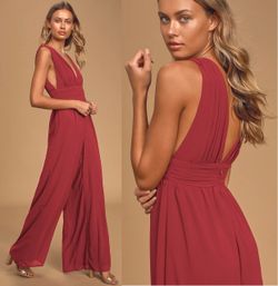 Burgundy Chiffon Wide Leg Jumpsuit Ruched Plunge Low V Open Back Formal Lulus XS