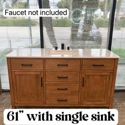 61'' Solid Wood Bathroom Vanity Cabinet with Stone Countertop