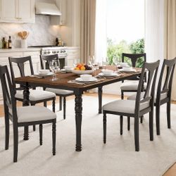 Dining Table Set 7 60inch to 78inch Extendable Wood Dining Table with Removable Leaf, Kitchen Table Set with 6 Upholstered Side Chair, Dining 