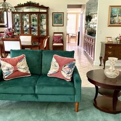 NEW Beautiful Green Velvet Small Sofa  and Stylish Side End Table with Display Shelf